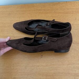Vintage‎ Bottega Veneta Brown Suede T-strap Flats Quiet Luxury